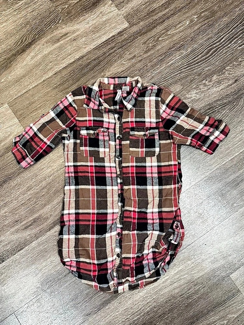 Street Flower Plaid Long Sleeve Shirt in Brown & Red Baby M